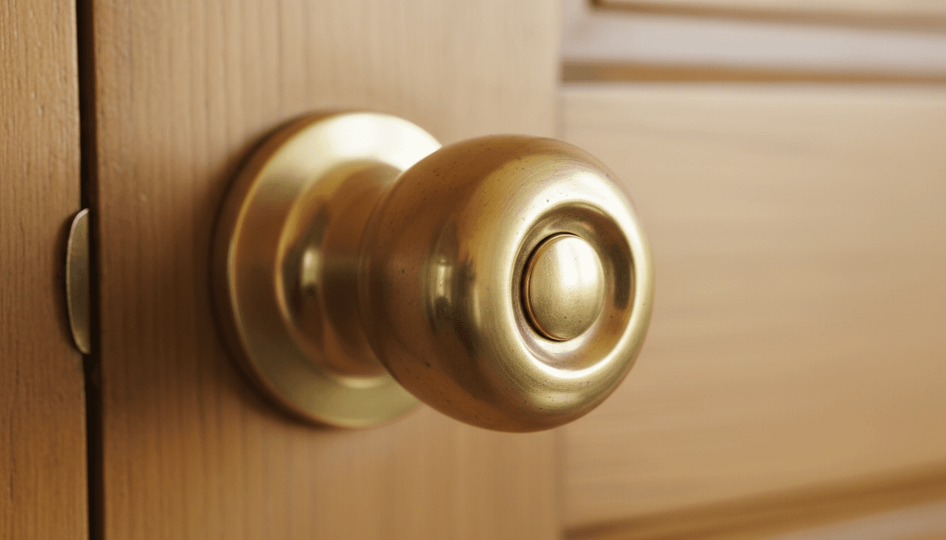 Close-up of a brass door knob with soft natural light