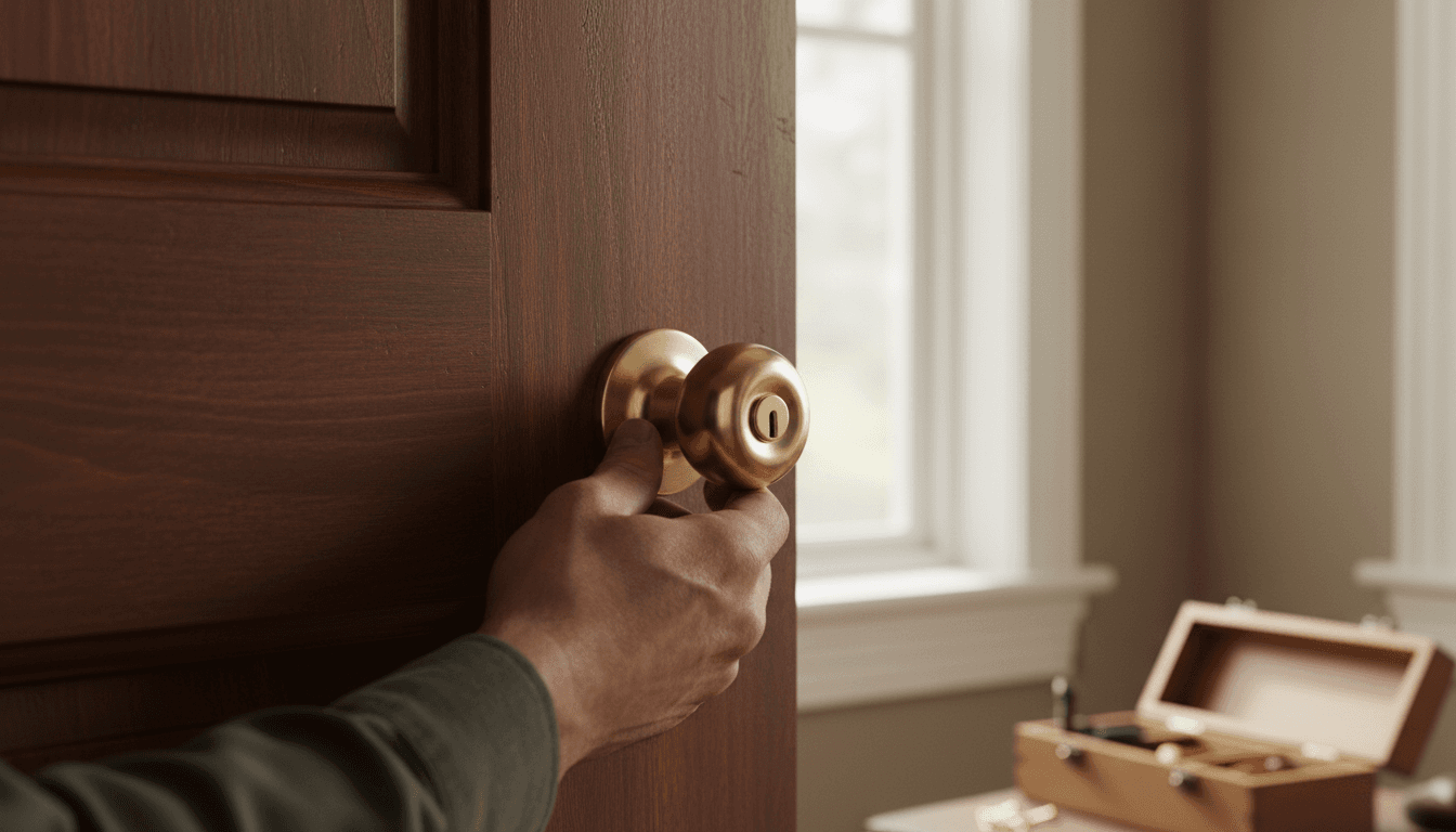 Hands installing a brass door knob on a wooden door
