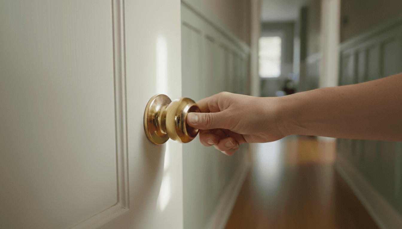 A hand turning a brass doorknob on a painted wooden door in a softly lit Portland home hallway