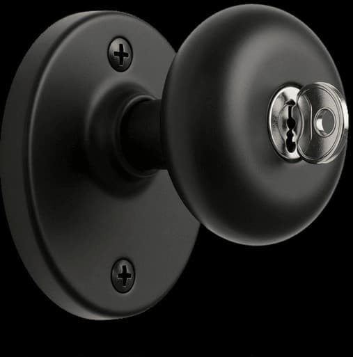 Matte black round door knob with a circular backplate and a key inserted into the lock.